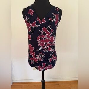 Express Navy with Red Floral Pattern Sleeveless Top -